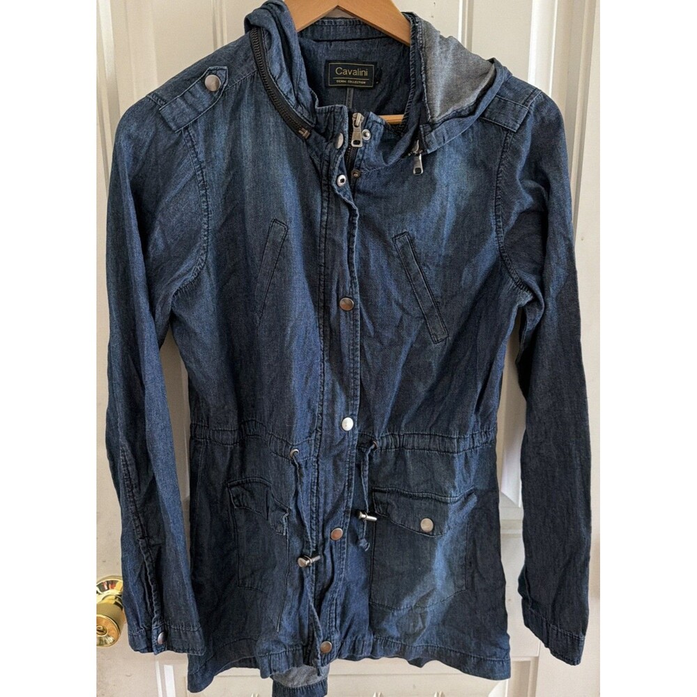Cavalini Denim Jacket Women’s S Lightweight Blue Snap Front Hooded Pockets
